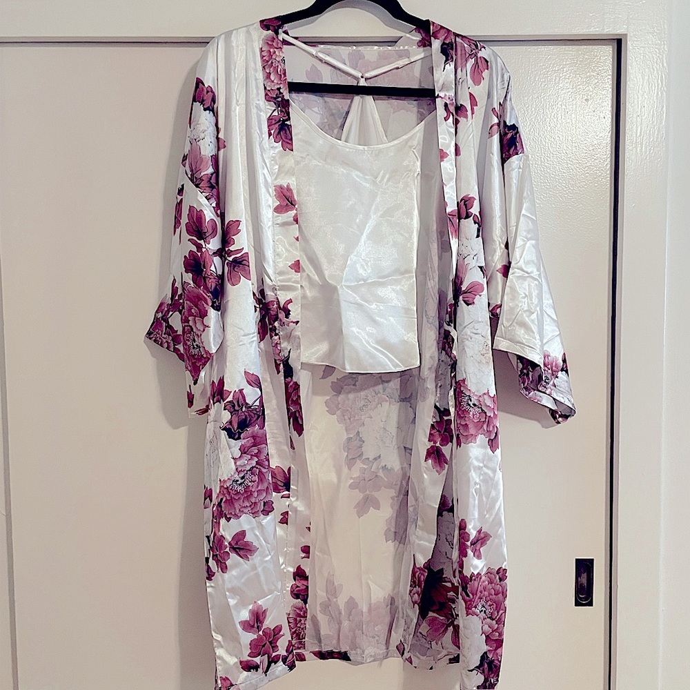 White Satin Floral Robe Set with Cami and Shorts